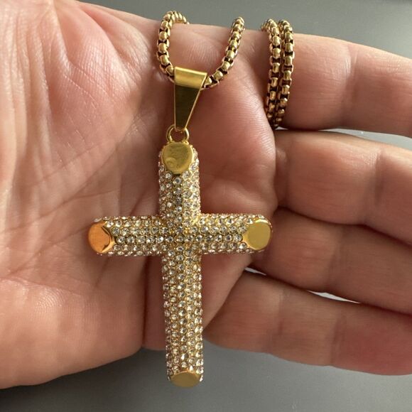 Cross Pendant Stainless Steel Cubic Zirconia 24” Chain Necklace Hip Hop Gold Men - Picture 5 of 6